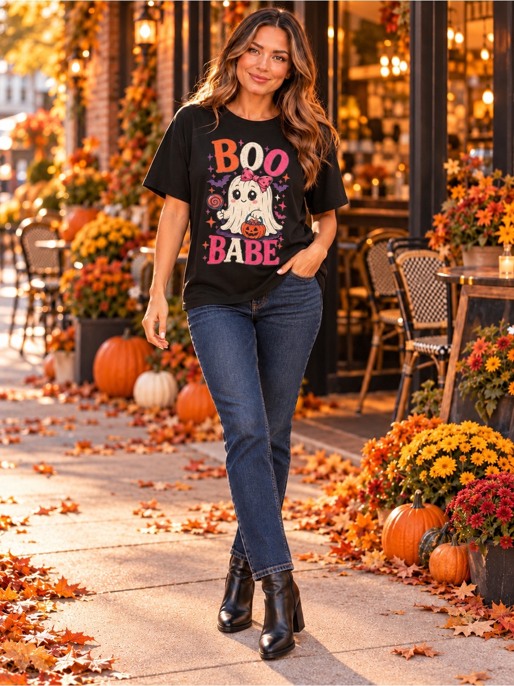 Women’s Black Boo Babe Stay Spooky Ghost Halloween Graphic T-Shirt - Large